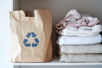 Eco-Friendly Storage Solution Featuring Recyclable Paper Bag and Neatly Stacked Fresh Textiles in a Minimalist Home Environment