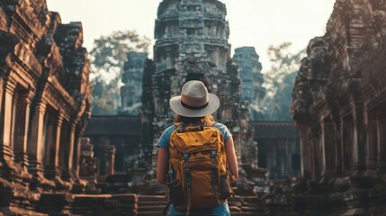 Fototapeta premium Traveler with backpack exploring ancient temple ruins, with intricate architecture and lush surroundings, showcasing adventure and cultural exploration.