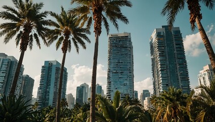 Fototapeta premium Modern skyscrapers surrounded by palm trees in an urban jungle.