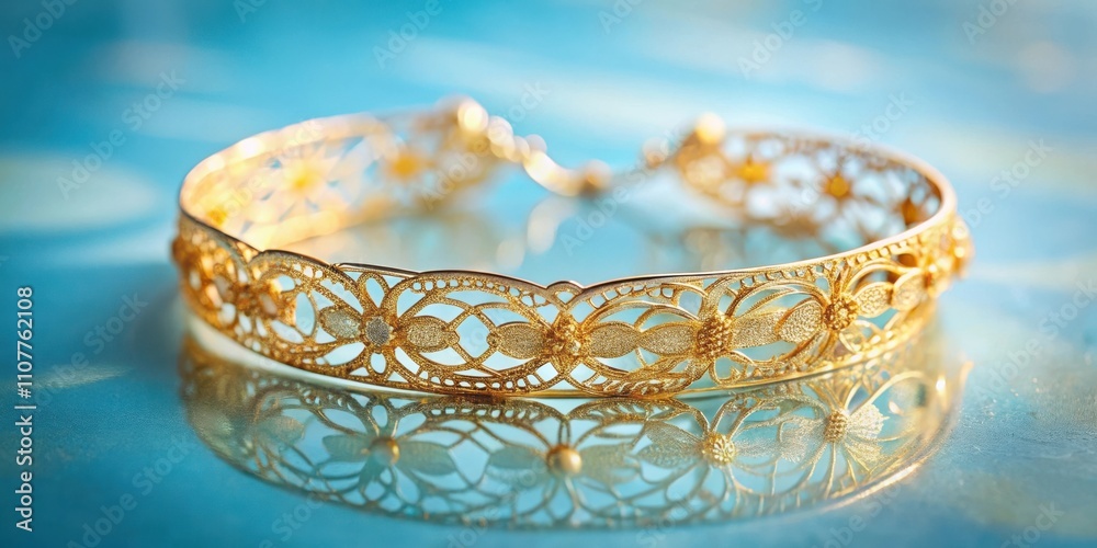 Aufkleber a delicate gold bracelet with intricate floral designs sits upon a smooth blue surface, its reflecti