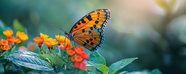 Obraz premium Vibrant butterfly perched on colorful flowers in a lush garden, illuminated by soft sunlight, showcasing nature's beauty and tranquility.