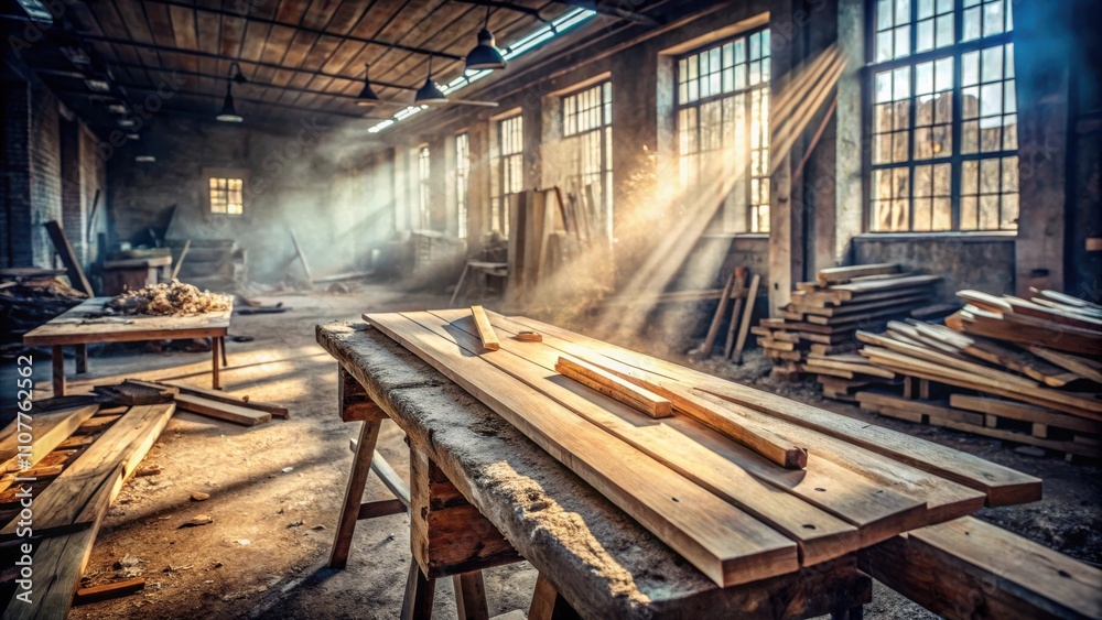 Poster sunlight streaks through dusty workshop windows, illuminating rough-hewn wood planks resting on a si