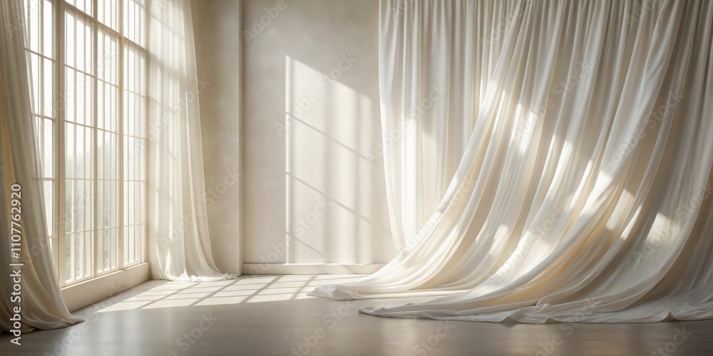 Aufkleber Sunlight streaming through a window casts a warm glow on the flowing white curtains, creating an airy and inviting atmosphere.