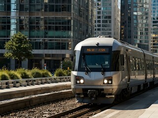 Fototapeta premium Modern train moving through a cityscape of tall buildings.
