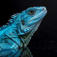 Fototapeta premium blue iguana closeup on reflection with black back