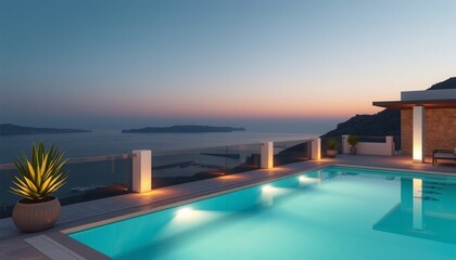 Fototapeta premium A tranquil poolside retreat, where the sky meets the water at sunset