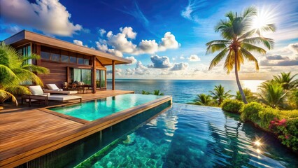 Fototapeta premium Experience a luxurious getaway in an overwater villa with an infinity pool, overlooking a stunning blue ocean. This tropical paradise promises relaxation and serenity in an exotic landscape.