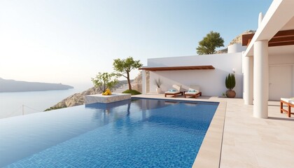 Fototapeta premium Idyllic tropical resort with palm trees, a sparkling swimming pool, and stunning ocean views, perfect for a relaxing summer vacation