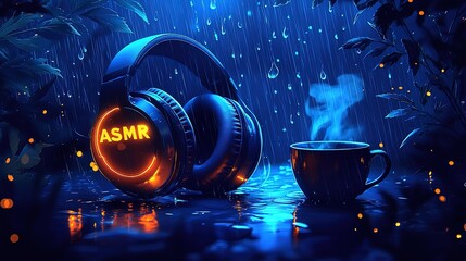 A tranquil ASMR-themed scene with glowing headphones, a steaming cup, raindrops, and fireflies in a moody nighttime setting. Generated AI.