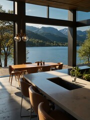 Fototapeta premium Modern villa kitchen overlooking a scenic lake.