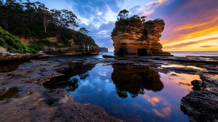 Stunning Sunset Over Coastal Rock Formations at the Beach