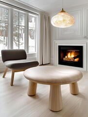 Fototapeta premium a photostock of a This minimalist and scandinavian-inspired living room features a stunning chandelier and a cozy fireplace