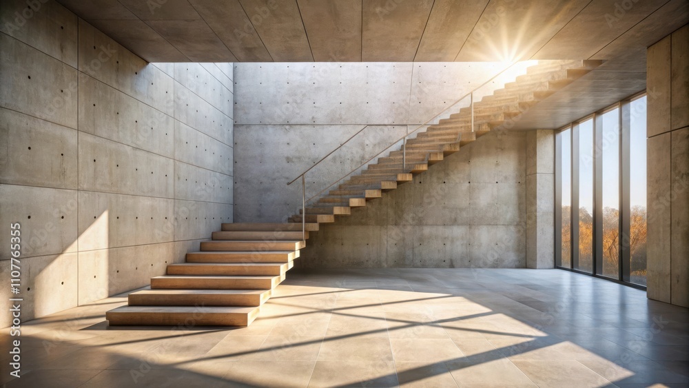 Poster Sunlight streams through large windows illuminating a modern concrete staircase with a sleek metal railing in a minimalist interior space.