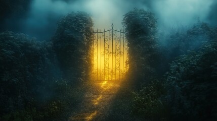 Narrow Ivy-Covered Pathway Leading to a Glowing Iron Gate Shrouded in Fog at Dusk
