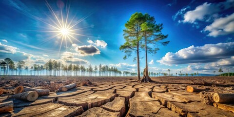 Obraz premium A lone pine tree stands tall in a field of cut logs and cracked earth under a bright blue sky