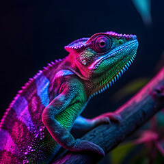 Obraz premium bright neon colors shining on wild chameleon