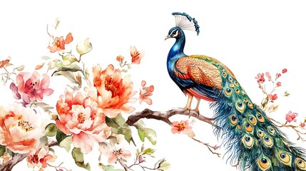 Obraz premium Elegant watercolor peacock flowers painting white background art image