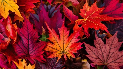 Fototapeta premium Colorful Autumn Leaves in Deep Reds, Oranges, and Browns with Intricate Texture