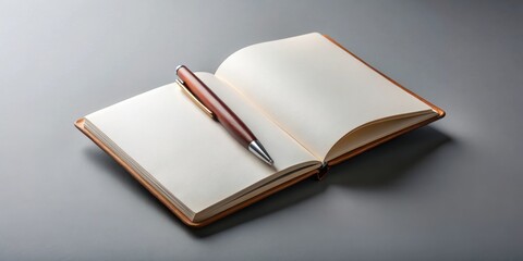 A pristine, open notebook with a wooden pen resting on its blank pages, inviting you to jot down thoughts, ideas, or dreams