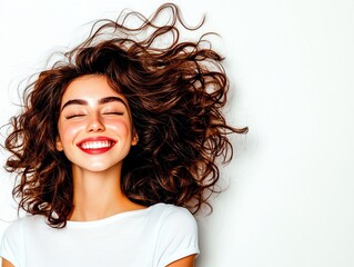 A joyful young woman with voluminous curly hair smiles brightly against a white background, radiating happiness and positivity.