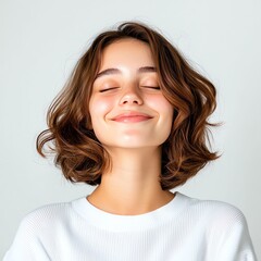 Fototapeta premium A young woman with a joyful expression, featuring wavy hair and a bright smile, against a light background. The image conveys happiness and positivity.