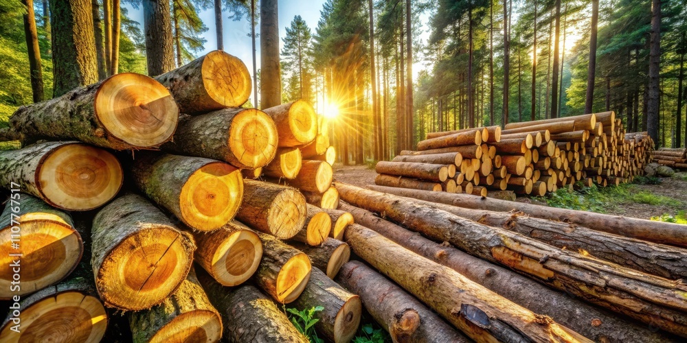 Poster Sunlight filters through the trees, illuminating a pile of freshly cut logs in a forest setting.
