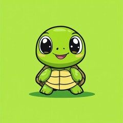 Here's a possible  and keyword list for your image.. Adorable cartoon turtle with big eyes, smiling happily against a green background.