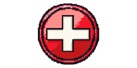 Obraz premium Red Medical Cross Icon With White Center In Pixel Art Style Isolated On Transparent Background