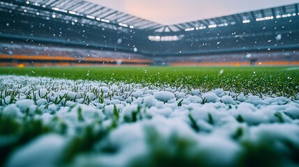 Fototapeta premium Real photo of soccer stadium stands field grass with snow