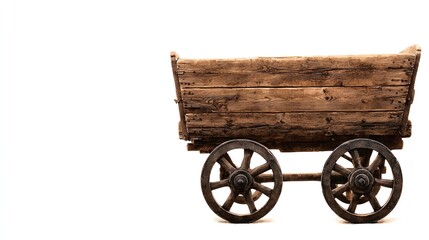 Fototapeta premium An antique wooden cart with large wheels, showcasing rustic charm. Isolated on a white background, perfect for heritage or travel-themed projects.