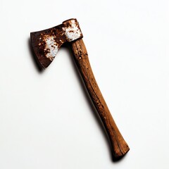 A vintage axe with a rustic wooden handle and a worn metal blade, isolated on a clean white background, showcasing its unique texture and craftsmanship.