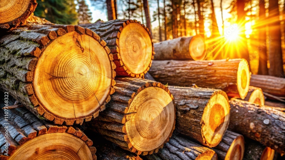 Poster Sunlight illuminates the intricate grain patterns of a stacked pile of felled logs in a forest clearing.