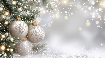 Silver background with bokeh lights and white Christmas balls. new year banner
