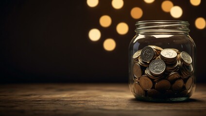 Money jar filled with coins reflecting light.