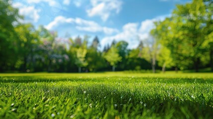 Fototapeta premium photograph of Beautiful blurred background image of spring nature with a neatly trimmed lawn surrounded by trees against a blue sky with clouds on a bright sunny day.