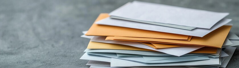 A close-up view of a stack of colorful envelopes on a gray desk, showcasing organization and communication in a business environment.