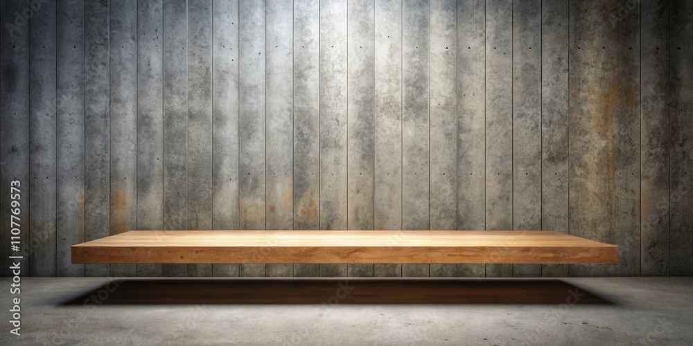 Poster a simple wooden platform floating above a concrete wall with a subtle beam of light shining down fro