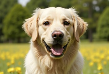 Obraz premium Happiness, relax and dog in park, pet and cheerful with fur, summer and carefree. Outdoor, sunshine and animal with nature, break and calm with golden retriever, healthy and playful with fun