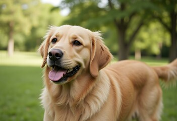 Obraz premium Happiness, relax and dog in park, pet and cheerful with fur, summer and carefree. Outdoor, sunshine and animal with nature, break and calm with golden retriever, healthy and playful with fun
