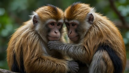 Obraz premium Monkeys grooming each other in a social bond.
