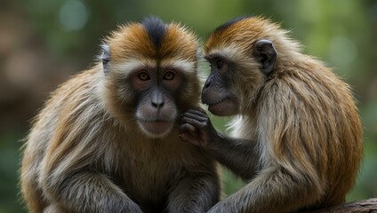 Obraz premium Monkeys grooming each other in a social bond.