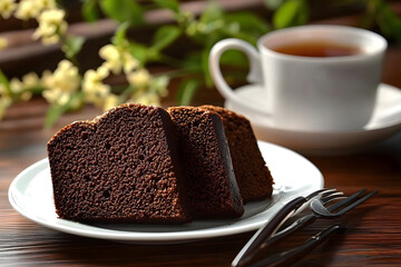 Slices of delicious chocolate sponge cake and tea on wooden table, closeup