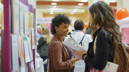 A health professional speaking to a group of diverse community members about cancer prevention at an outdoor health fair, vibrant booths in the background