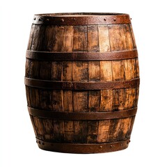 Obraz premium A rustic wooden barrel with a sturdy design, featuring metal bands and a rich texture, perfect for storage or decoration in a themed setting.