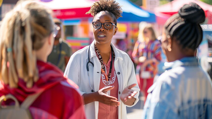 A health professional speaking to a group of diverse community members about cancer prevention at an outdoor health fair, vibrant booths in the background