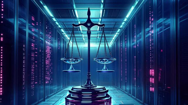 Digital scales of justice hover in a high-tech data center, surrounded by glowing servers