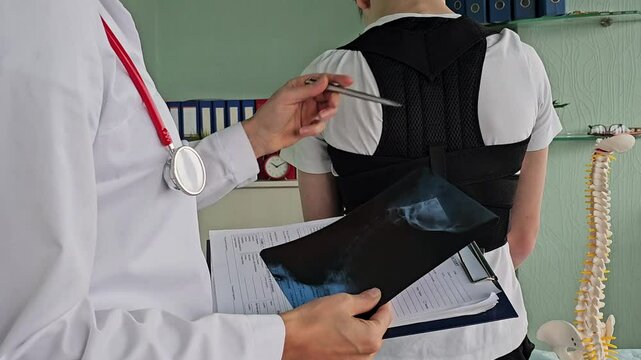 Doctor examining patient back with x-ray of spine