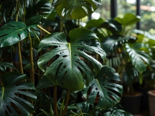 Obraz premium Monstera leaves in a tropical greenhouse.