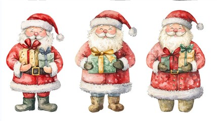 Watercolor Santa Claus holding gifts in three poses. Hand-drawn festive character illustrations on a white background, perfect for holiday designs 2026 - 2027.