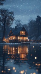 Fototapeta premium A cozy cabin nestled on a snowy lakeshore, illuminated by warm lights with a starry night sky above.